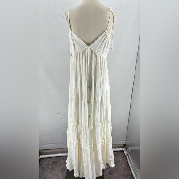 Free People Womens XS Off White Boho Spaghetti Strap Maxi Tiered Dress Deep V - Picture 3 of 9
